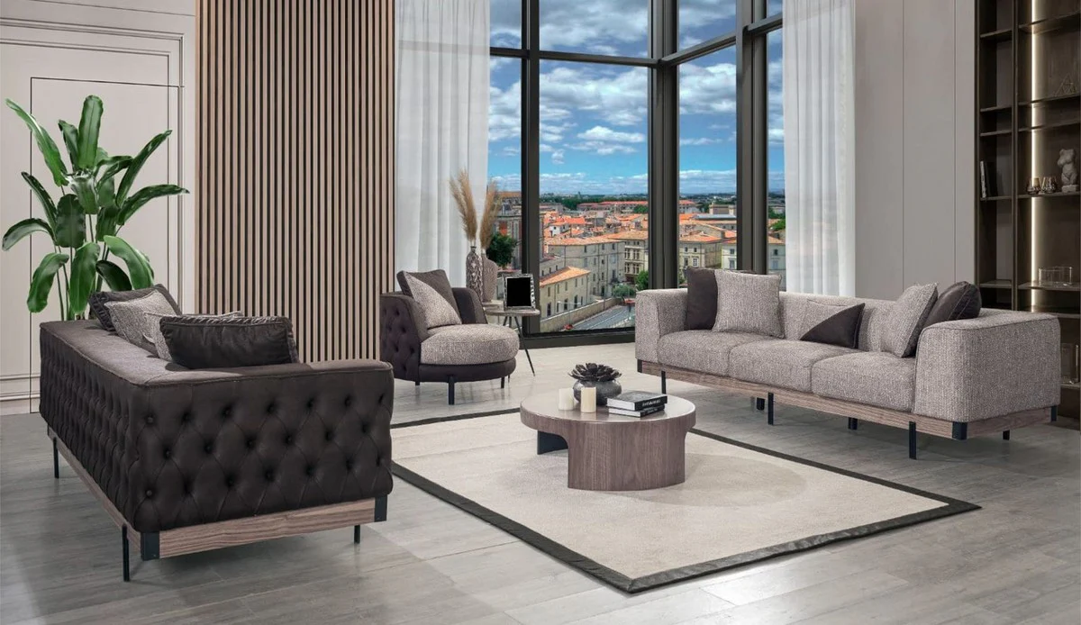 Luxus Chesterfield Sessel Grau / Braun / Schwarz 100 x 96 x H. 75 cm - Wohnzimmer Sessel - Hotel Sessel - Wohnzimmer Möbel - Chesterfield Möbel - Luxus Möbel - Luxus Einrichtung