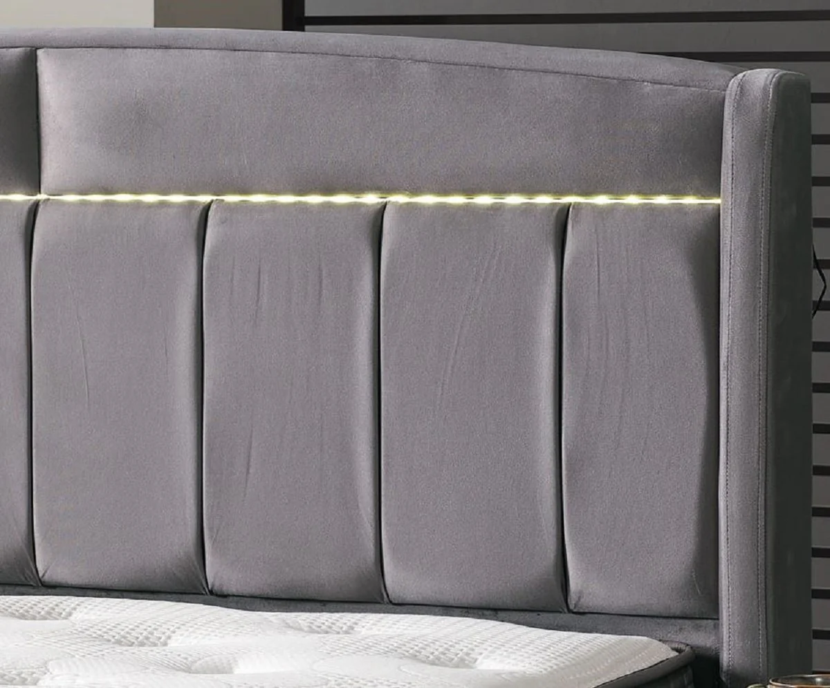Luxus Doppelbett Grau / Weiß / Silber 180 x 200 cm - Massivholz Bett mit LED Beleuchtung und Matratze - Schlafzimmer Möbel - Hotel Möbel - Luxus Möbel - Luxus Einrichtung