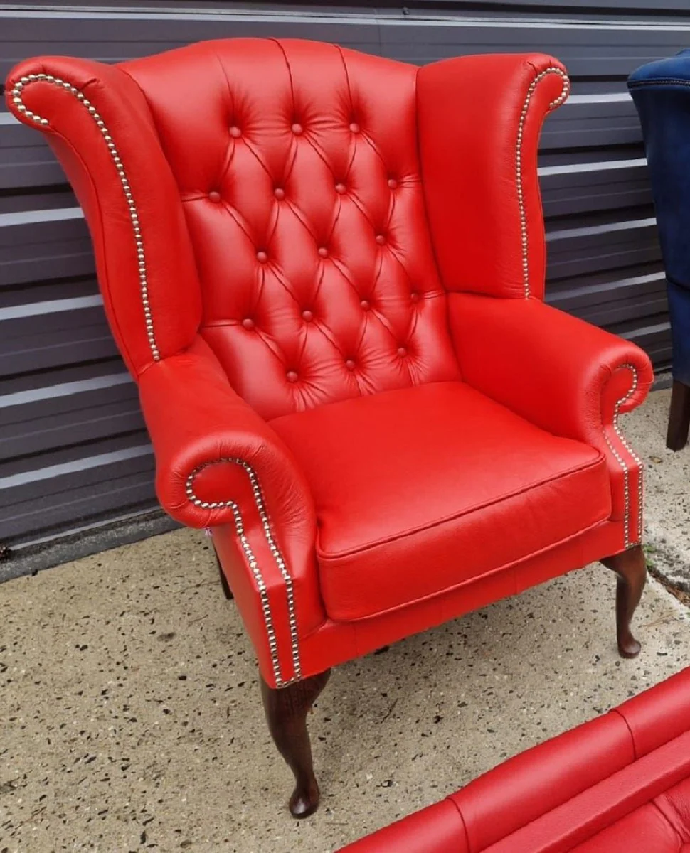 Luxus Chesterfield Ohrensessel Rot / Dunkelbraun 98 x 90 x H. 110 cm - Echtleder Chesterfield Wohnzimmer Sessel - Wohnzimmer Möbel - Chesterfield Möbel - Luxus Leder Möbel