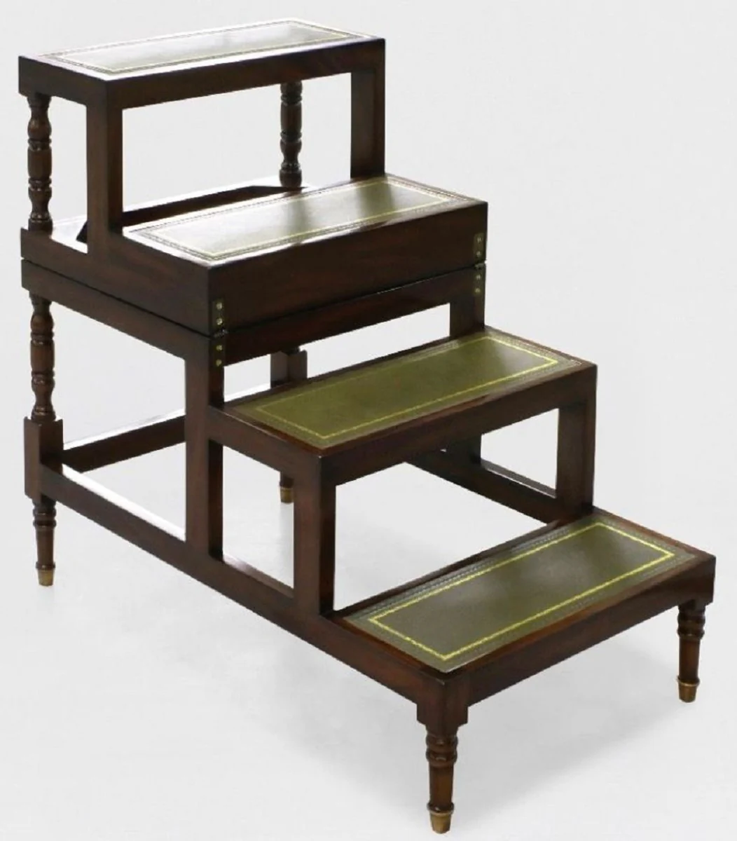 Luxus Jugendstil Couchtisch Dunkelbraun / Grün / Gold - Ausklappbare Massivholz Bibliothekstreppe mit Echtleder - Jugendstil Wohnzimmer Möbel - Edel & Prunkvoll