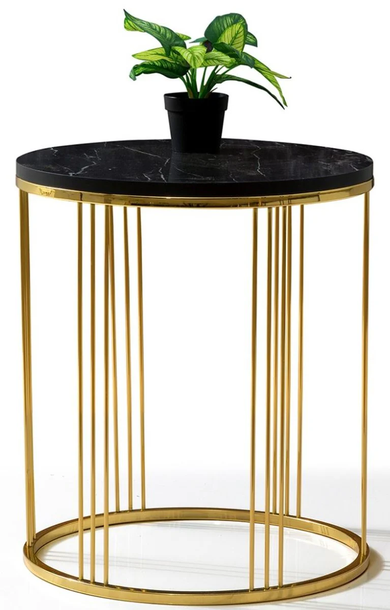 Luxus Beistelltisch Gold / Schwarz Ø 47 x H. 50 cm - Runder Tisch mit Marmorplatte - Wohnzimmer Möbel