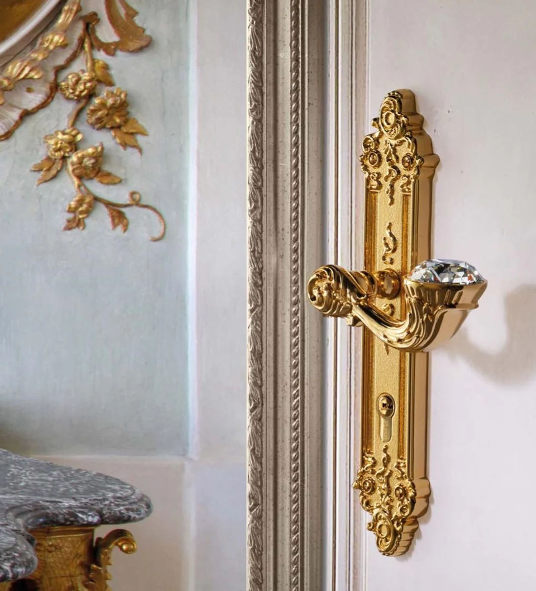 Luxus Jugendstil Türgriff mit Platte und Swarovski Kristallglas Gold 15,5 x H. 33,5 cm - Hotel Accessoires B!