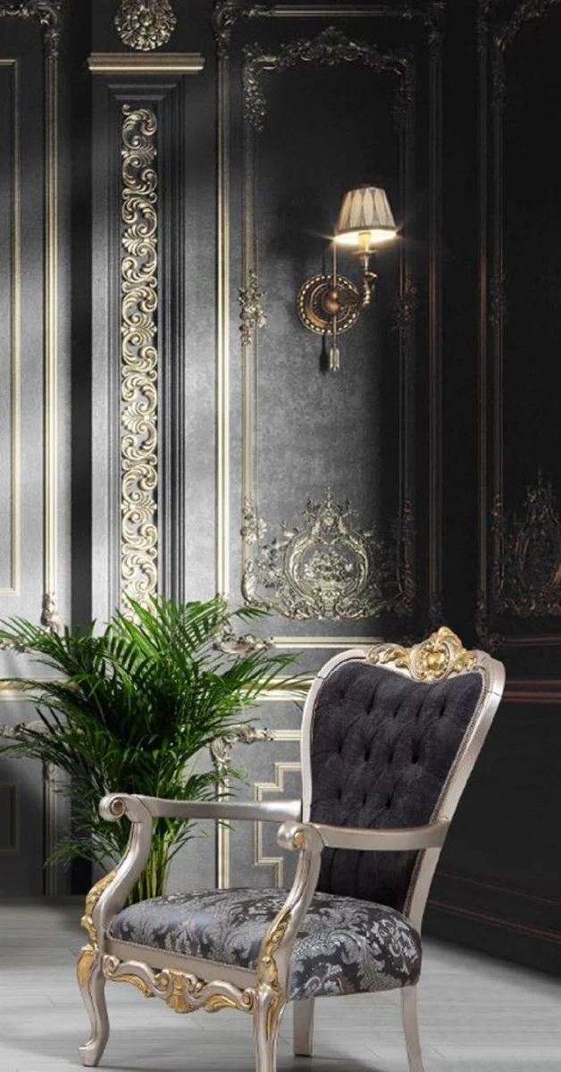 Luxus Barock Wohnzimmer Set Schwarz / Silber / Gold - 2 Sofas & 2 Sessel & 1 Couchtisch - Wohnzimmer Möbel im Barockstil - Edel & Prunkvoll