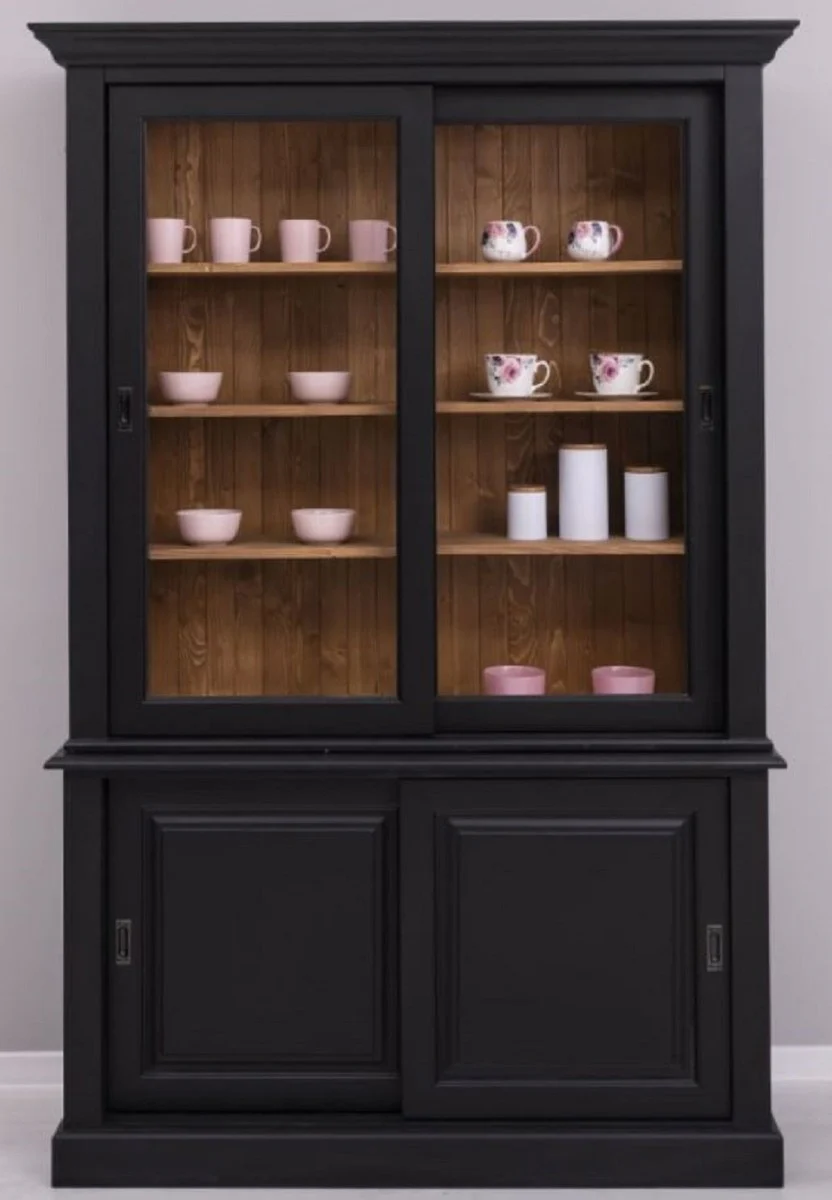 Landhausstil Esszimmerschrank Schwarz / Braun 141 x 48 x H. 212 cm - Massivholz Schrank mit 4 Schiebetüren - Landhausstil Massivholz Esszimmer Möbel