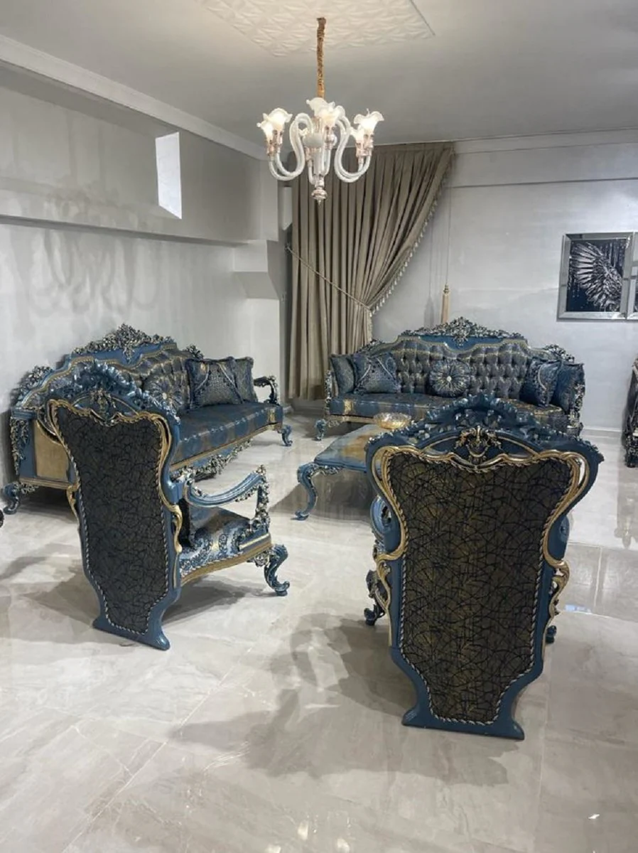 Luxus Barock Sofa Blau / Gold - Prunkvolles Wohnzimmer Sofa mit elegantem Muster - Barockstil Wohnzimmer Möbel - Luxus Möbel im Barockstil - Edel & Prunkvoll