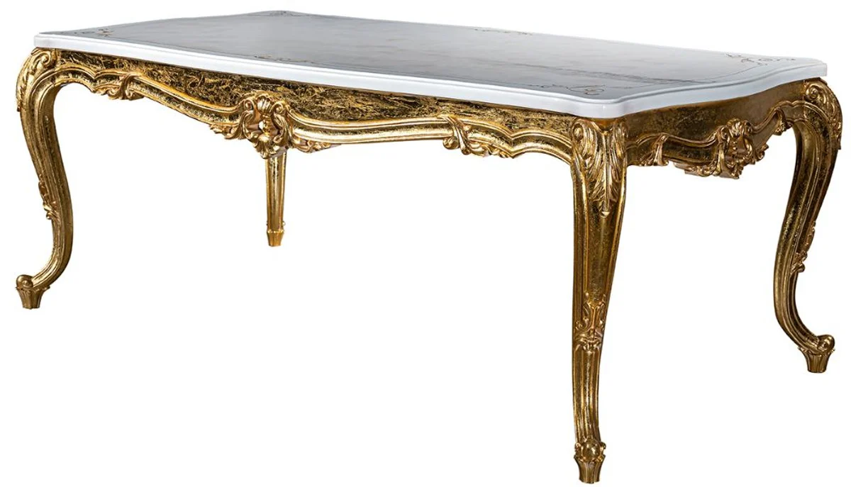 Luxus Barock Esstisch Weiß / Gold 202 x 102 x H. 80 cm - Massivholz Küchentisch - Esszimmertisch - Prunkvolle Esszimmer Möbel im Barockstil