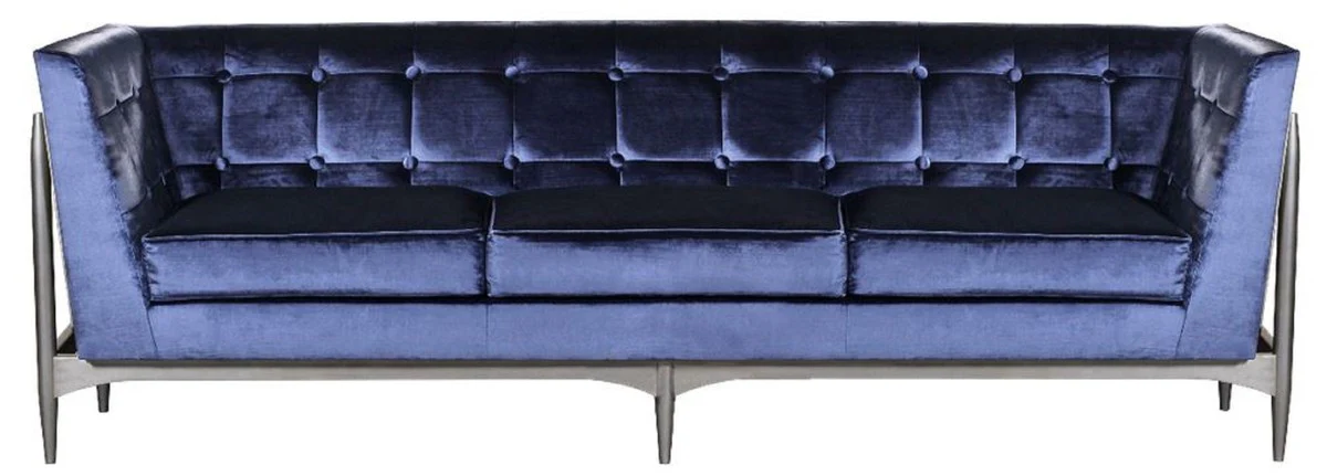 Luxus Art Deco 3er Sofa Blau / Grau 250 x 76 x H. 83 cm - Edles Samt Sofa mit Mahagoni Rahmen - Art Deco Wohnzimmer Möbel