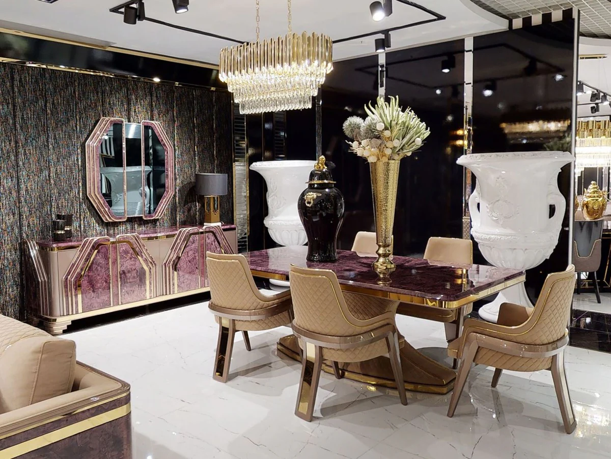 Luxus Art Deco Wandspiegel Lila / Gold - Massivholz Spiegel mit Marmoroptik - Luxus Art Deco Wohnzimmer & Hotel Möbel