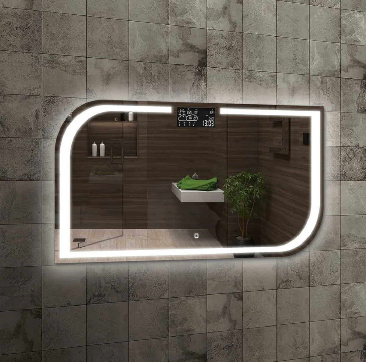 Luxus Badezimmer Spiegel 120 x 2,5 x H. 60 cm - Wandspiegel mit LED Beleuchtung und integrierter Wetterstation - Luxus Badezimmer Möbel