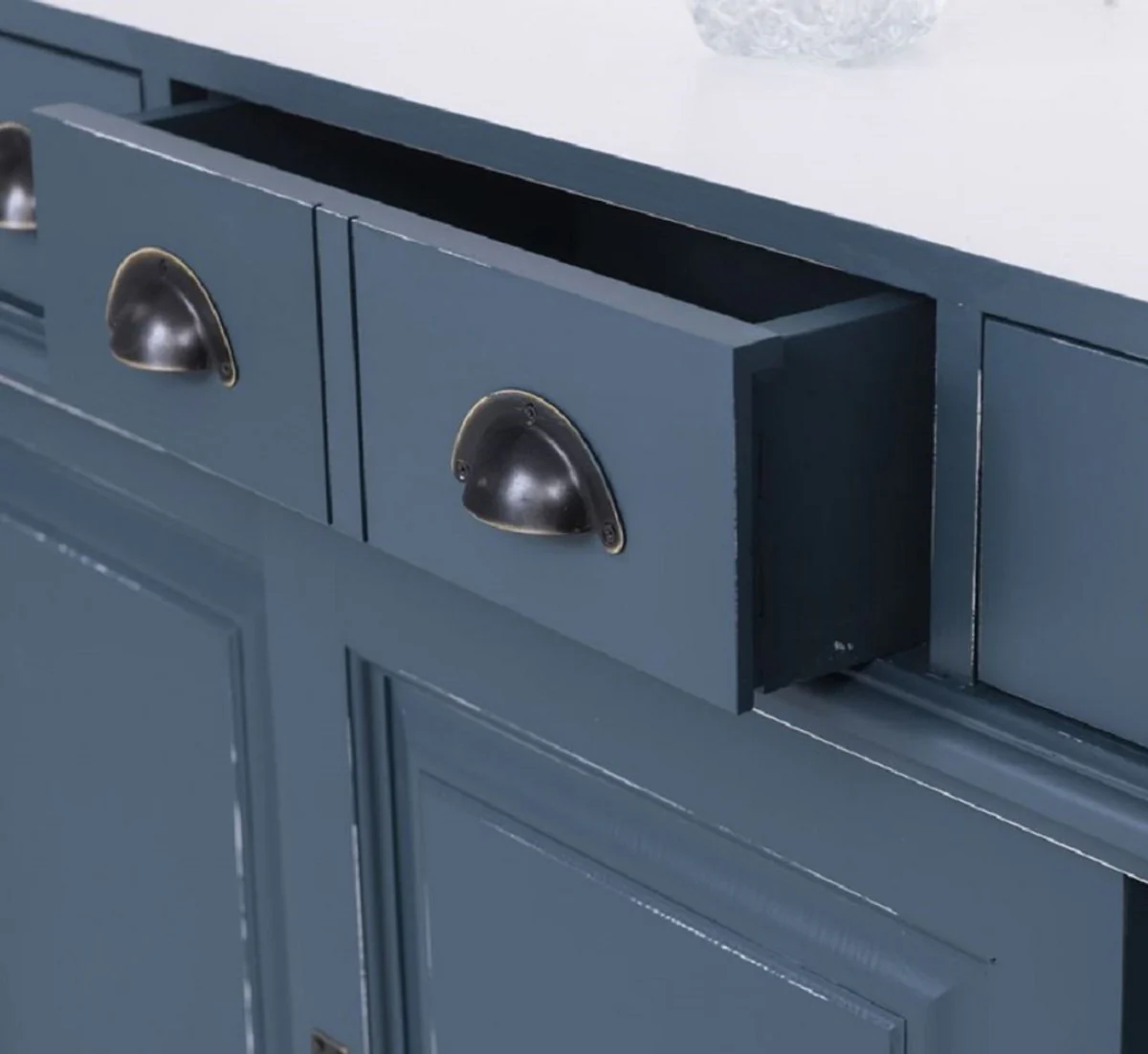 Landhausstil Massivholz Barschrank Antik Blau / Weiß 151 x 36 x H. 210 cm - Massivholz Weinschrank im Landhausstil - Massivholz Bar Möbel - Landhausstil Bar Möbel