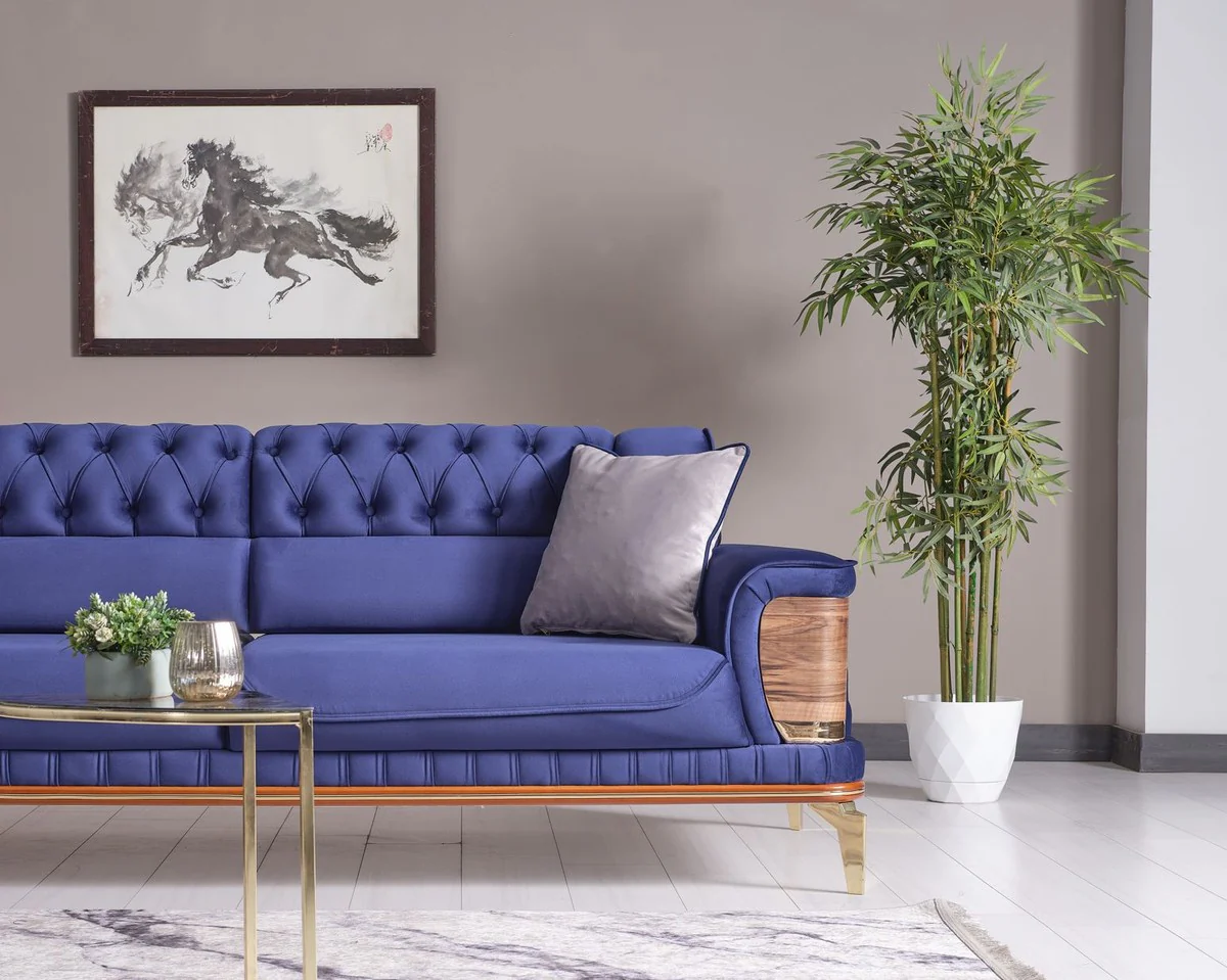 Luxus Schlafsofa Blau / Braun / Gold 232 x 92 x H. 85 cm - Wohnzimmer Sofa mit 2 Kissen - Luxus Wohnzimmer Möbel