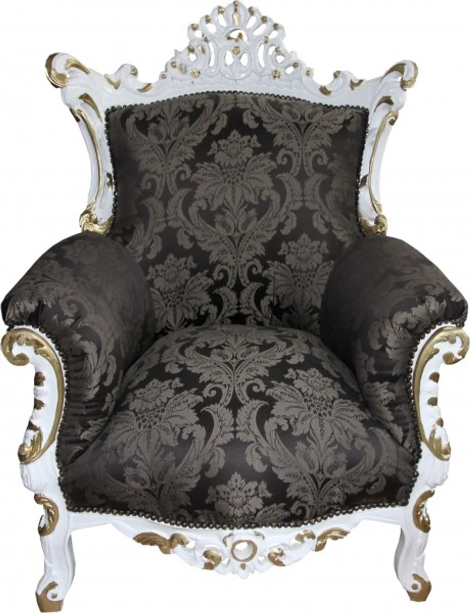 Barock Sessel Al Capone Schwarz Muster / Weiß mit Gold Bemalung - Antik Stil Wohnzimmer Möbel - Limited Edition