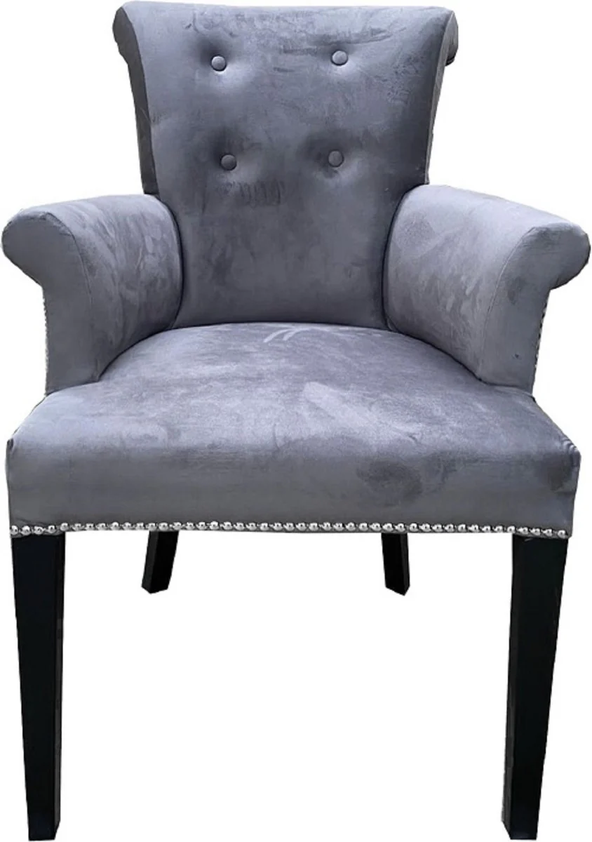 Luxus Esszimmerstuhl 6er Set Grau / Schwarz - Massivholz Küchenstühle mit Armlehnen und edlem Samtstoff - Luxus Esszimmer & Restaurant Möbel