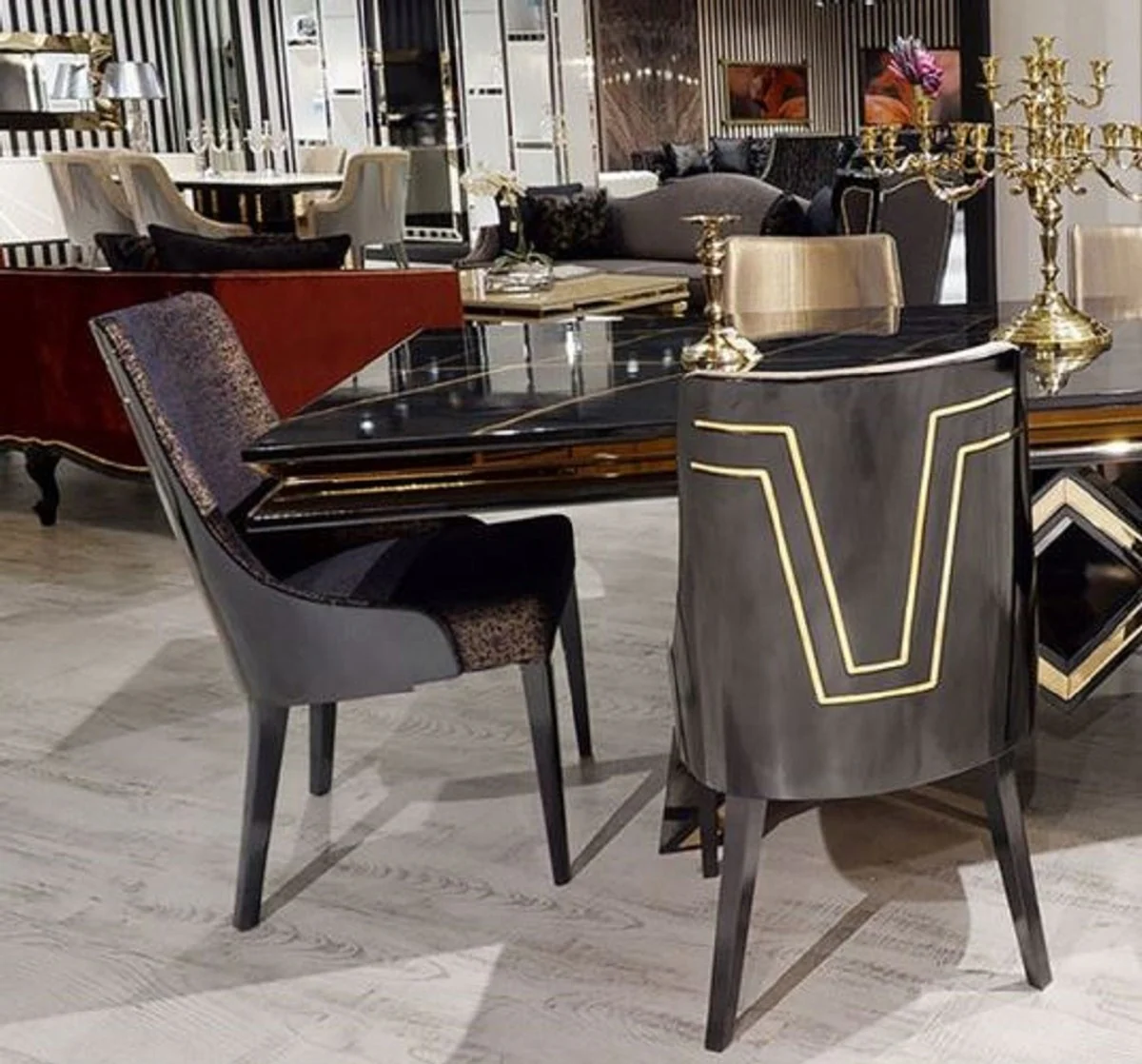 Luxus Art Deco Esszimmer Stuhl Set Schwarz / Gold - Küchen Stühle 6er Set - Art Deco Esszimmer Möbel - Luxus Qualität