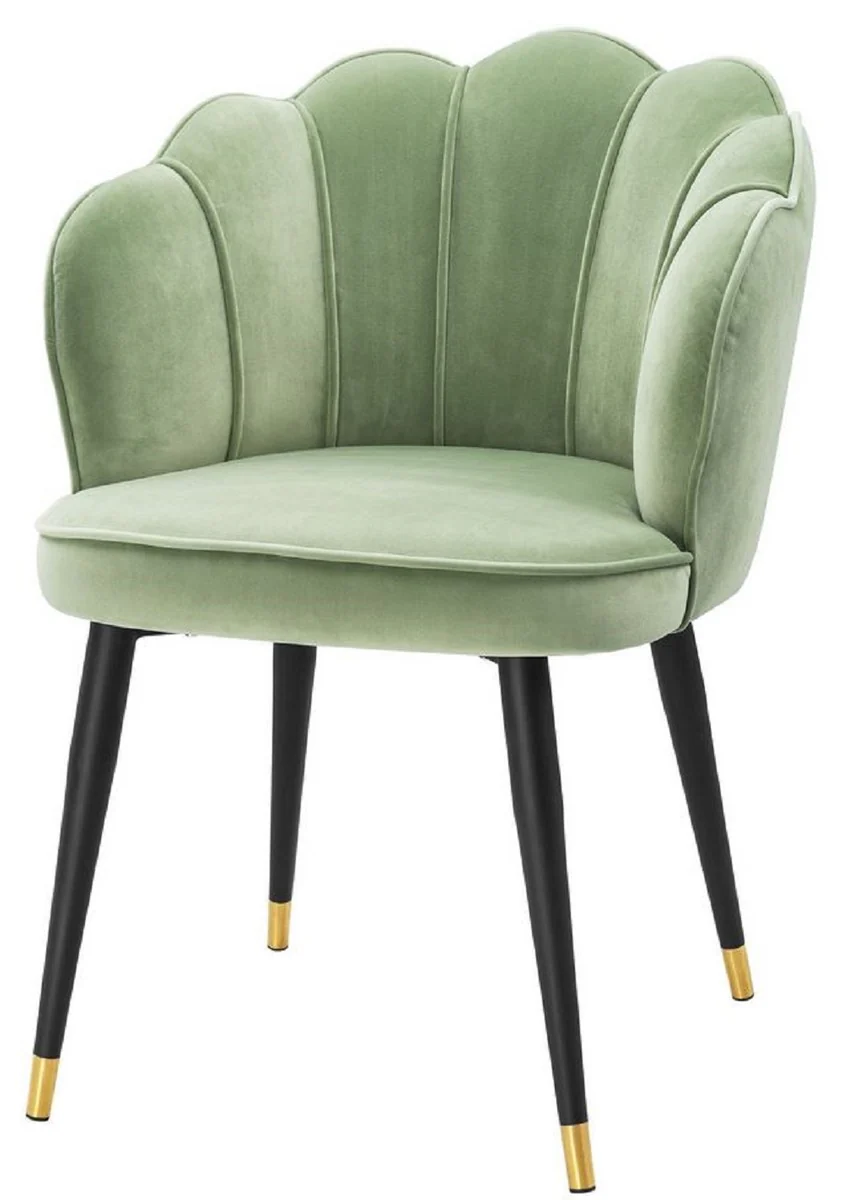 Luxus Samt Esszimmerstuhl mit Armlehnen Pistaziengrün / Schwarz / Gold 60 x 63 x H. 83 cm - Küchenstuhl im Muschelschalen Design