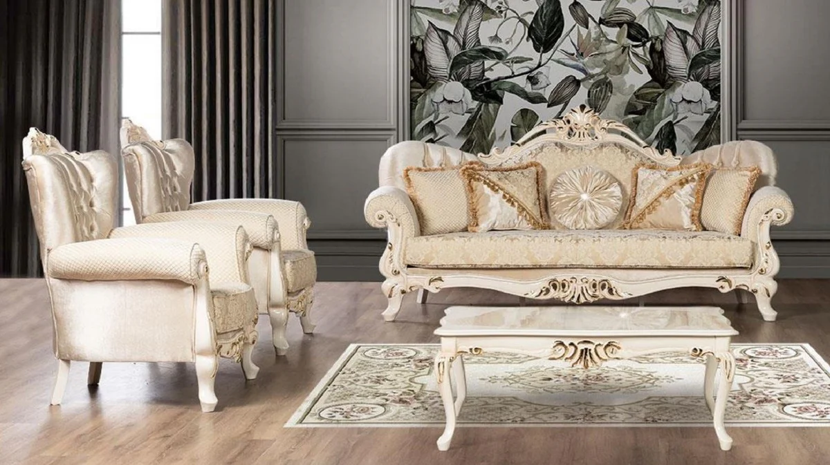 Luxus Barock Wohnzimmer Set Gold / Cremefarben / Gold - 2 Barock Sofas mit Muster & 2 Barock Sessel mit Muster & 1 Barock Couchtisch - Barock Wohnzimmer Möbel