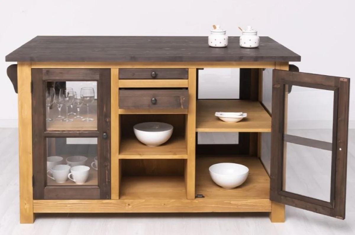 Landhausstil Kücheninsel Braun / Naturfarben 150 x 90 x H. 90 cm - Massivholz Küchenschrank - Landhausstil Massivholz Küchen Möbel - Massivholz Esszimmer Möbel im Landhausstil