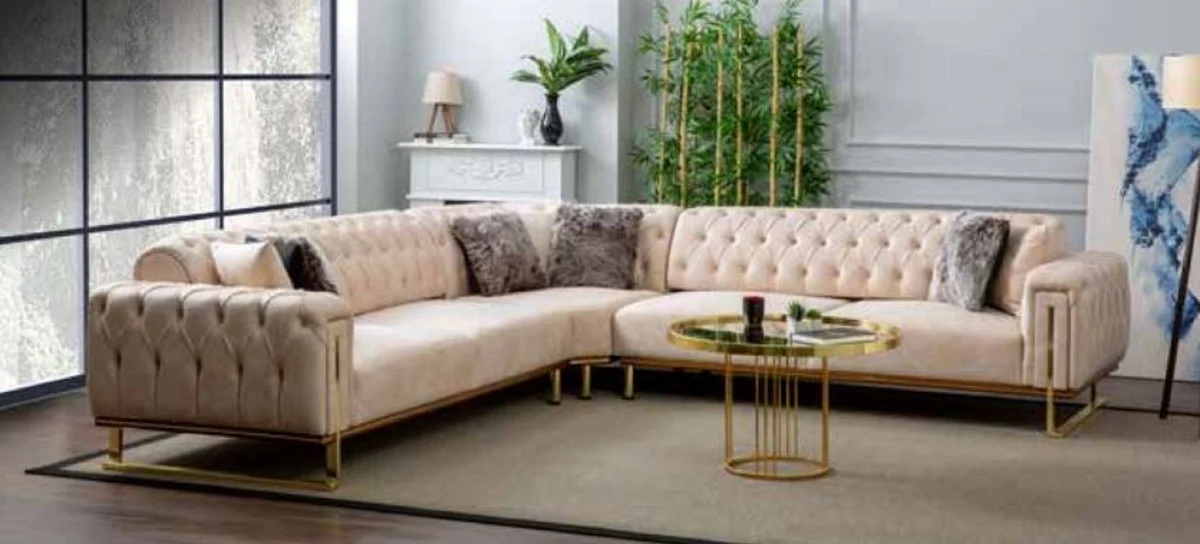 Luxus Ecksofa Creme / Braun / Gold 290 x 290 x H. 85 cm - Wohnzimmer Sofa mit Schlaffunktion - Wohnzimmer Möbel - Luxus Möbel - Möbel Luxus - Wohnzimmer Einrichtung - Luxus Einrichtung