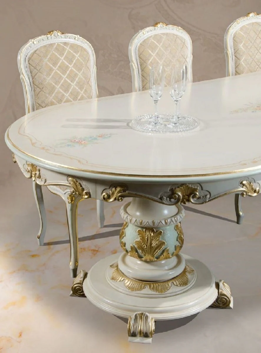 Luxus Barock Esstisch Weiß / Creme / Mehrfarbig / Gold 700 cm - Riesiger Massivholz Esszimmertisch im Barockstil - Barock Esszimmer & Hotel Möbel - Luxus Qualität - Made in Italy
