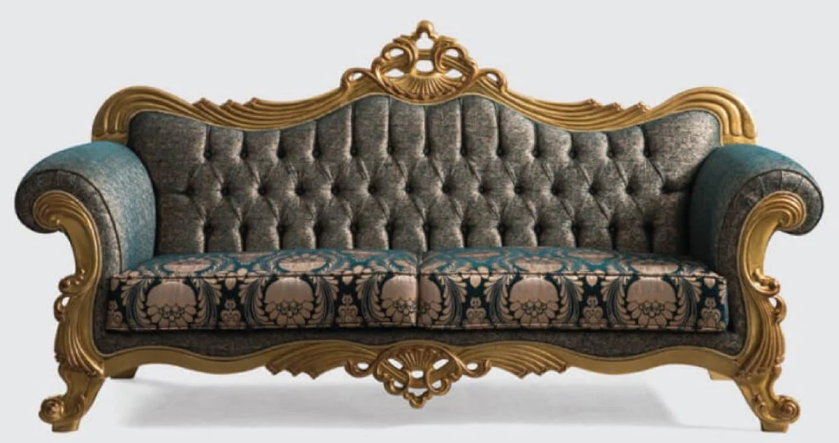 Luxus Barock Sofa Grün / Gold 240 x 90 x H. 125 cm - Handgefertigtes Wohnzimmer Sofa mit elegantem Muster - Barock Wohnzimmer Möbel - Edel & Prunkvoll
