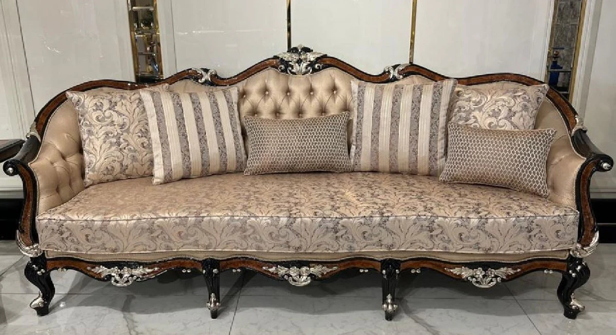 Luxus Barock Wohnzimmer Sofa Gold / Braun / Schwarz / Silber - Prunkvolles Barockstil Sofa mit dekorativen Kissen - Luxus Wohnzimmer Möbel im Barockstil - Barock Möbel