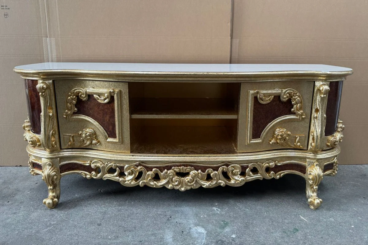 Luxus Barock TV Schrank Gold / Braun / Weiß 185 cm - Barock Möbel