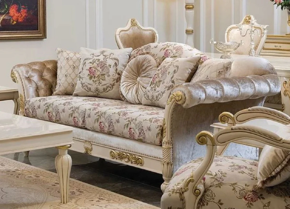 Luxus Barock Wohnzimmer Set Creme / Rosa / Weiß / Gold - 2 Sofas & 2 Sessel & 1 Couchtisch - Handgefertigte Wohnzimmer Möbel im Barockstil - Edel & Prunkvoll