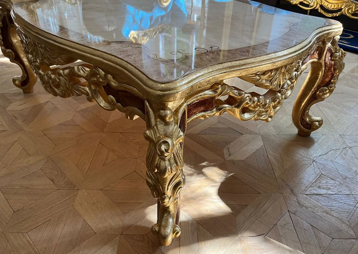Luxus Barock Couchtisch Weiß / Grau / Gold / Braun - Prunkvoller Massivholz Wohnzimmertisch im Barockstil - Prunkvolle Barock Möbel
