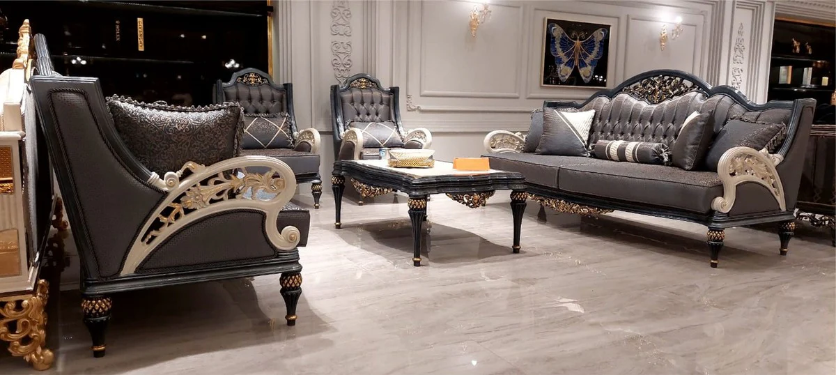 Luxus Barock Couchtisch Weiß / Grau / Gold 117 cm - Barockstil Wohnzimmer Möbel