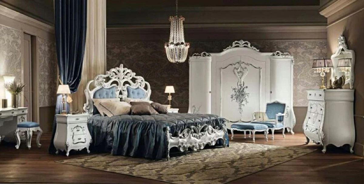 Luxus Barock Schlafzimmerschrank mit 4 Türen Weiß / Silber - Prunkvoller Massivholz Kleiderschrank im Barockstil - Barock Schlafzimmer Möbel - Luxus Qualität - Made in Italy