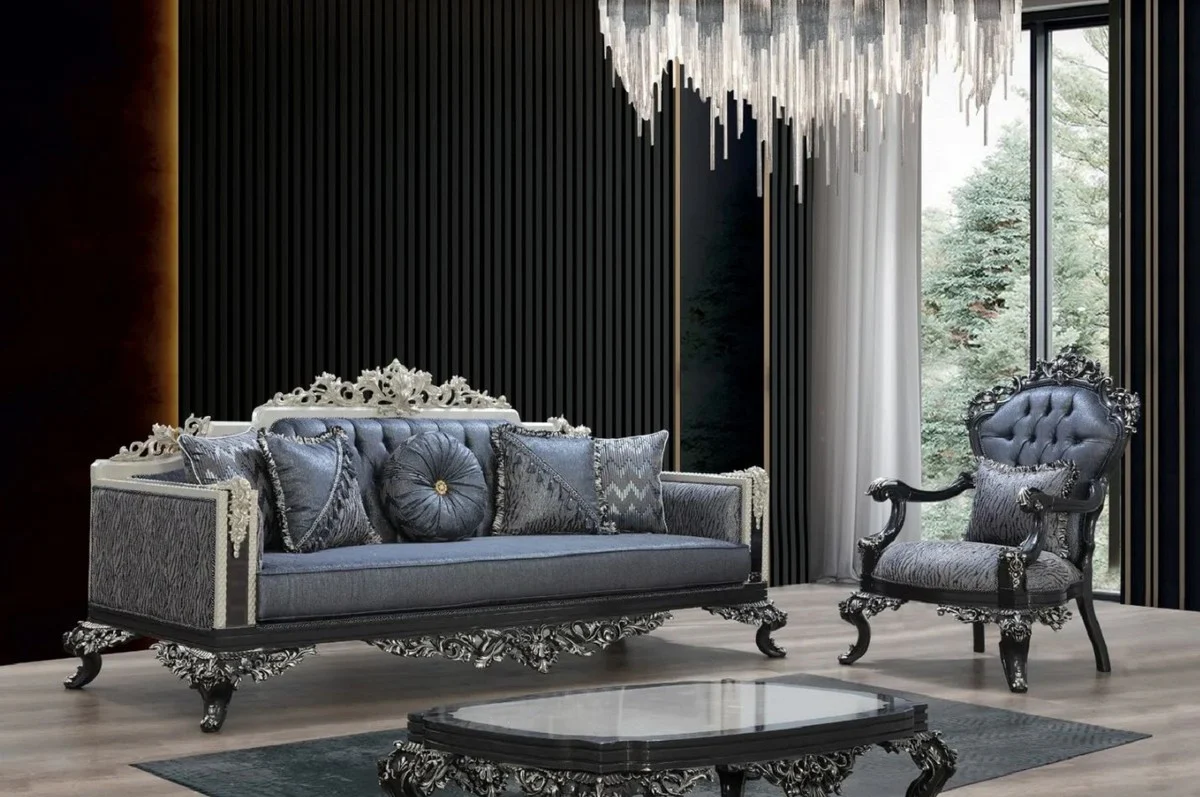 Luxus Barock Sofa Blau / Grau / Weiß / Schwarz / Silber - Prunkvolles Wohnzimmer Sofa mit elegantem Muster - Barock Wohnzimmer & Hotel Möbel - Edel & Prunkvoll