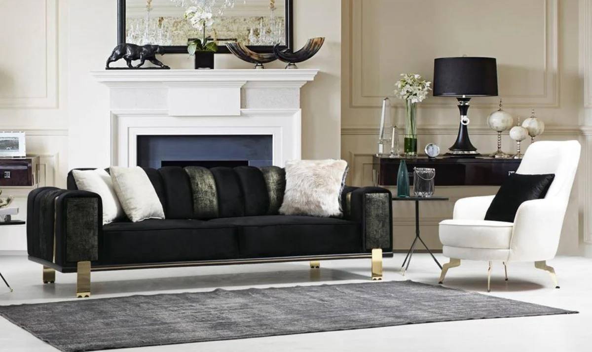 Luxus Wohnzimmer Sofa mit verstellbarer Rückenlehne Schwarz / Gold 223 x 93 x H. 76 cm - Wohnzimmer Möbel - Luxus Möbel