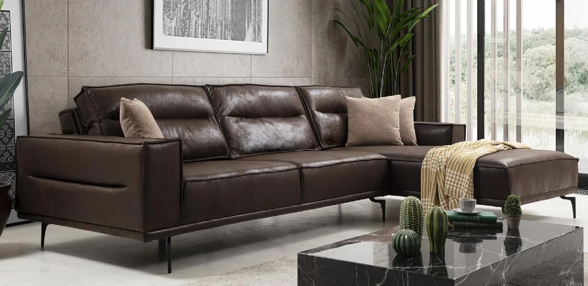 Luxus Ecksofa Braun / Schwarz 305 x 185 cm - Modernes Wohnzimmer Sofa mit Nubuk Kunstleder - Luxus Schlafsofa - Luxus Wohnzimmer Möbel