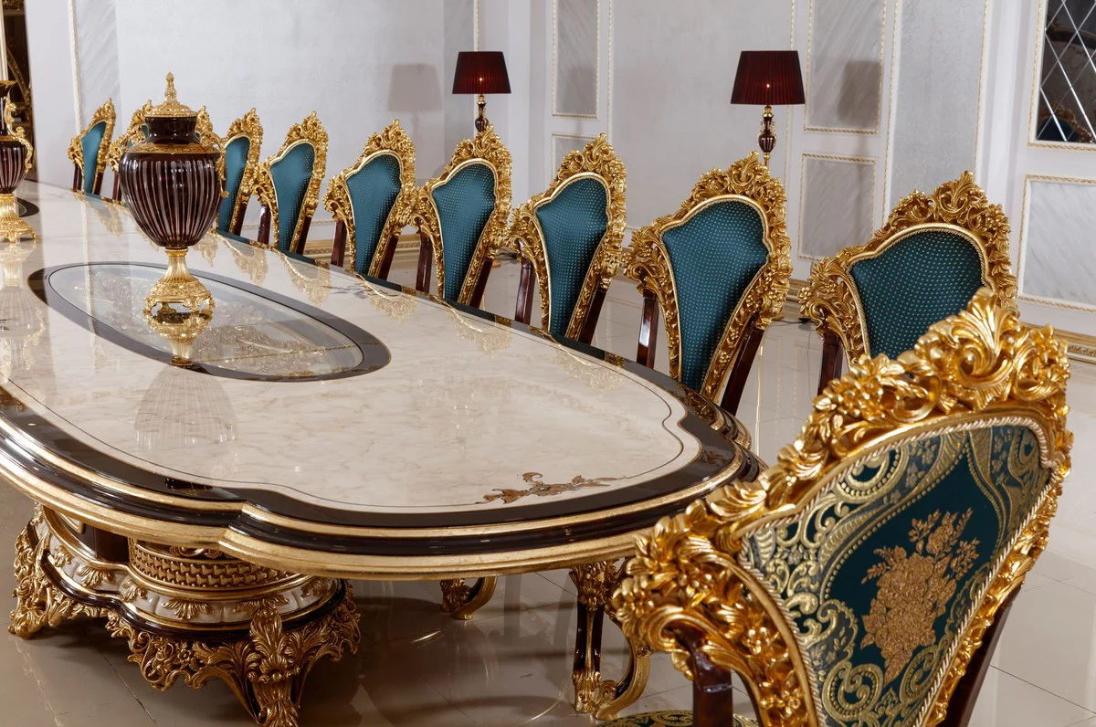 Luxus Barock Esszimmer Set Weiß / Braun / Blau / Gold - 1 Barock Esstisch & 22 Barock Esszimmerstühle - Hotel Möbel - Schloss Möbel - Palast Möbel - Luxus Möbel im Barockstil