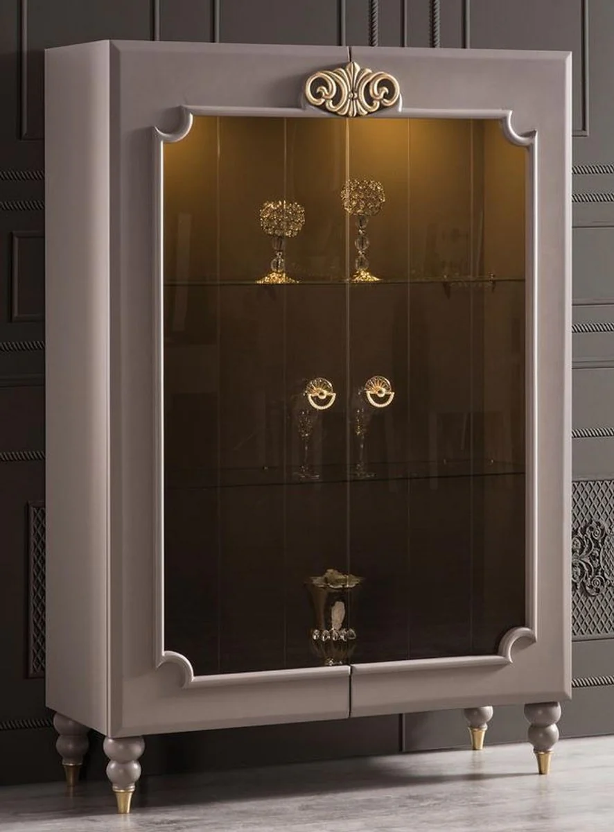 Luxus Barock Vitrine Grau / Gold 116 x 45 x H. 170 cm - Beleuchteter Massivholz Vitrinenschrank mit 2 Glastüren - Edle Barock Möbel