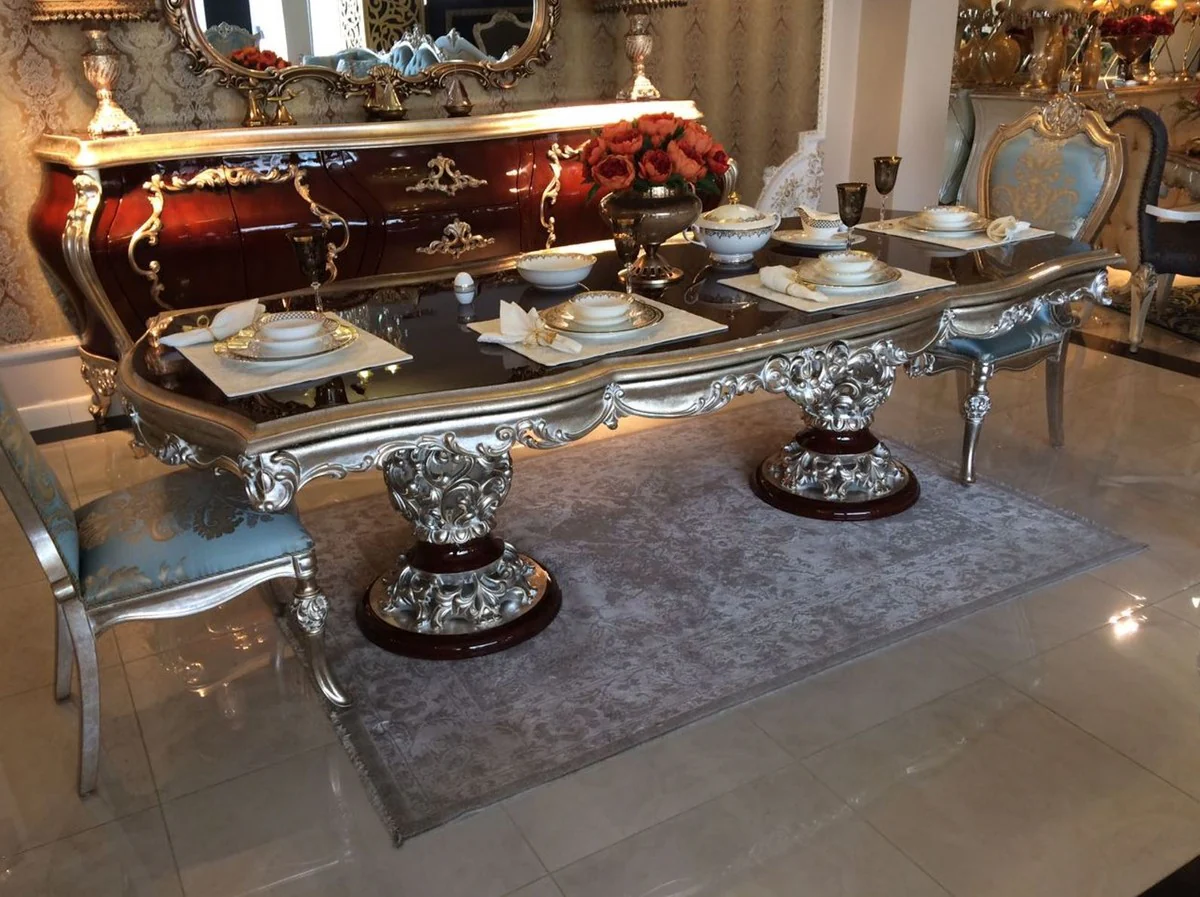 Luxus Barock Esszimmerstuhl Hellblau / Beige / Silber - Prunkvoller Massivholz Küchenstuhl mit elegantem Muster - Barock Esszimmer Möbel