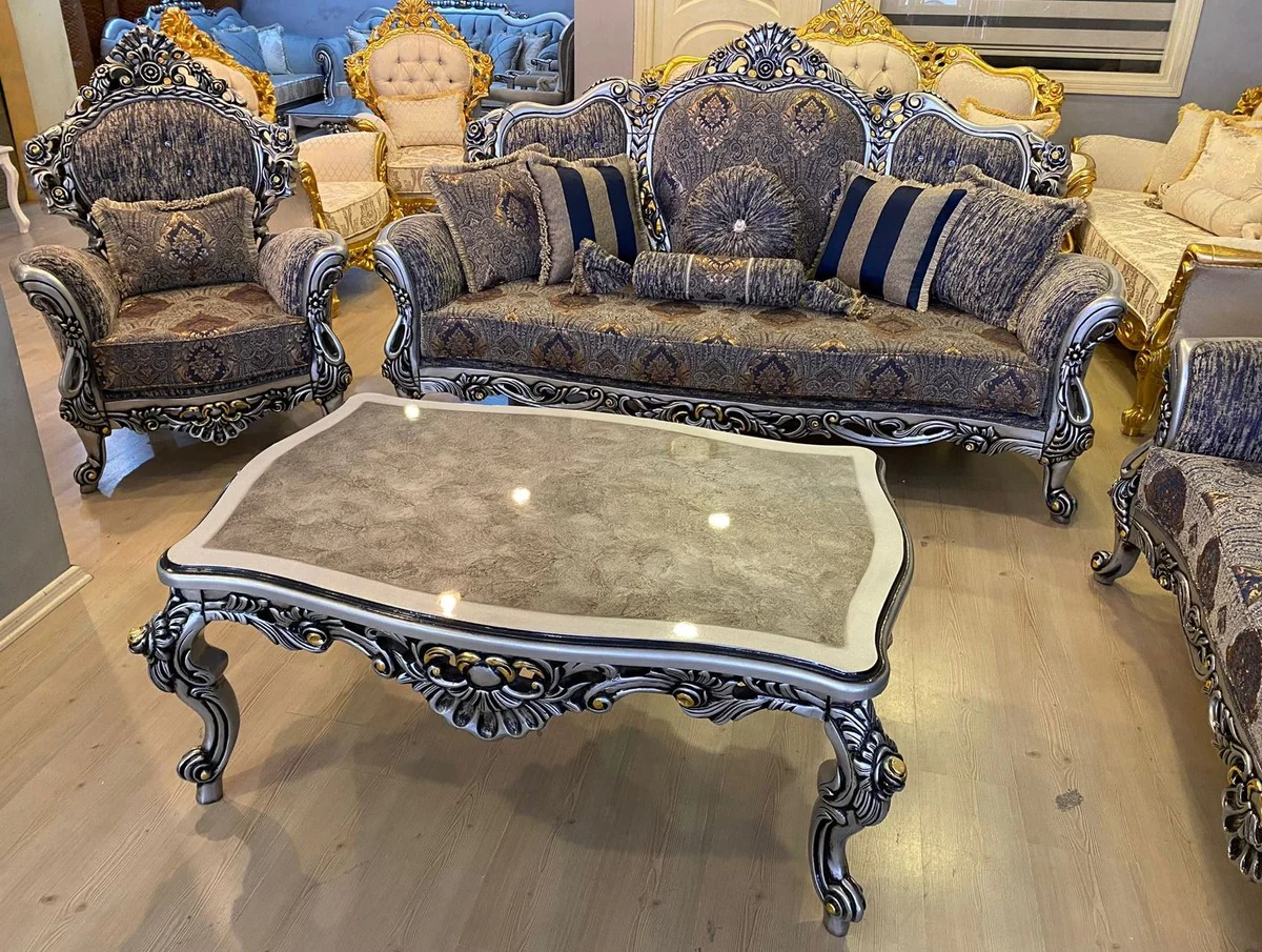 Luxus Barock Sofa Mehrfarbig / Silber / Schwarz / Gold - Prunkvolles Wohnzimmer Sofa mit Glitzersteinen - Barockstil Wohnzimmer Möbel - Luxus Möbel im Barockstil - Barock Einrichtung