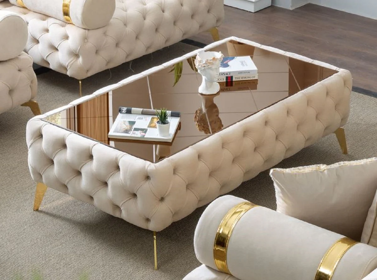 Luxus Chesterfield Couchtisch Creme / Gold / Braun 140 x 80 x H. 45 cm - Wohnzimmertisch mit Glasplatte - Wohnzimmer Möbel - Chesterfield Möbel - Luxus Möbel - Luxus Einrichtung