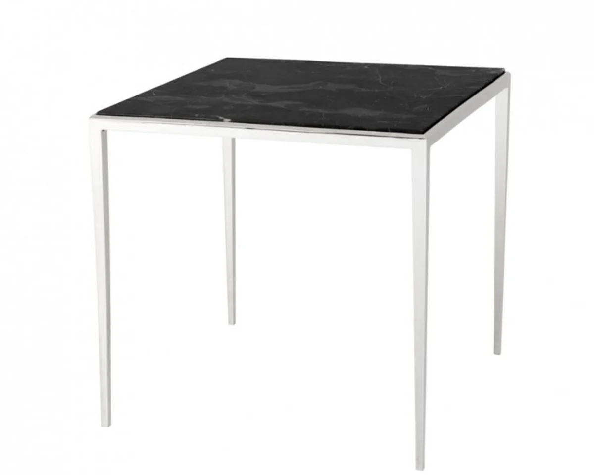 Luxus Art Deco Designer Beistelltisch Nickel mit brauner Marmorplatte - Hotel Tisch Möbel