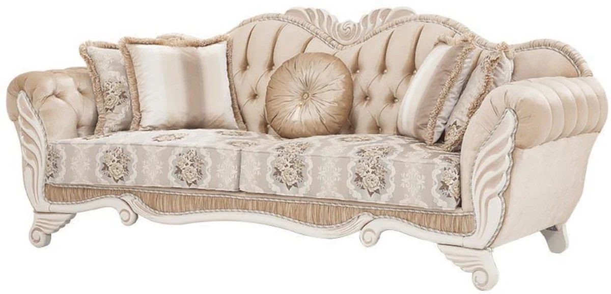 Luxus Barock Sofa Beige / Weiß 230 x 88 x H. 96 cm - Wohnzimmer Sofa mit Blumenmuster und dekorativen Kissen - Barock Möbel