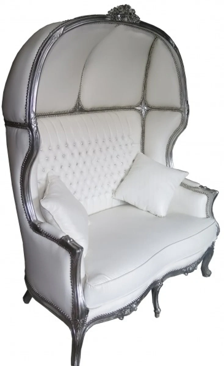 Barock 2er Ballon Sofa Weiß Lederoptik / Silber - Wohnzimmer Couch Möbel Lounge Hochzeit