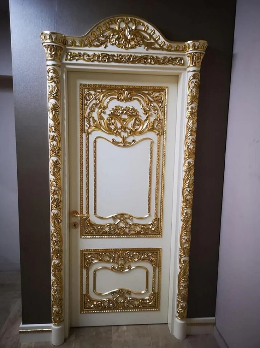 Luxus Barock Wohnungstür Weiß / Gold - Prunkvolle Massivholz Tür mit Rahmen - Luxus Möbel im Barockstil - Barock Möbel - Hotel Möbel - Barock Einrichtung - Edel & Prunkvoll