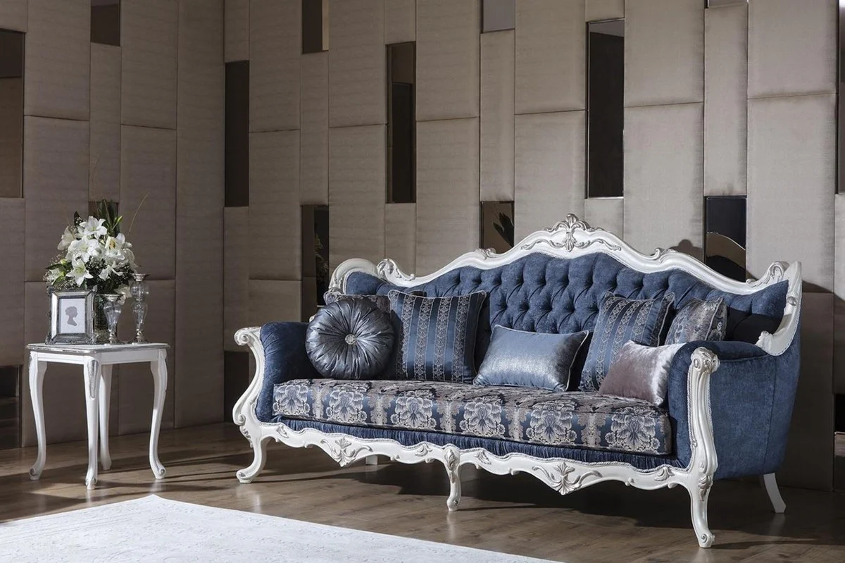 Luxus Barock Wohnzimmer Sofa mit Muster und dekorativen Kissen Blau / Weiß / Silber 240 x 90 x H. 120 cm - Prunkvolle Barock Möbel