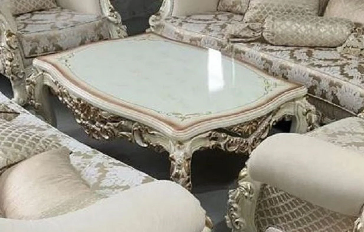 Luxus Barock Wohnzimmer Set Creme / Weiß / Gold - 2 Barock Sofas & 2 Barock Sessel & 1 Barock Couchtisch - Luxus Wohnzimmer Möbel im Barockstil - Barock Möbel - Edel & Prunkvoll