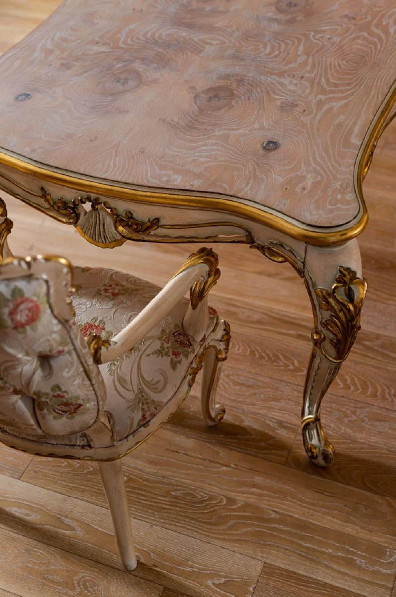 Luxus Barock Esstisch Beige / Weiß / Gold - Prunkvoller Massivholz Esszimmertisch im Barockstil - Barock Esszimmer Möbel