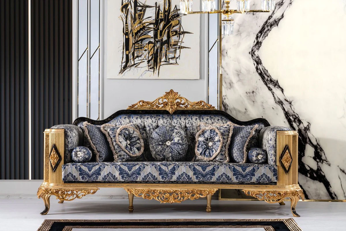 Luxus Barock Sofa Blau / Schwarz / Gold - Prunkvolles Wohnzimmer Sofa - Barockstil Wohnzimmer Möbel - Luxus Möbel im Barockstil - Barock Wohnzimmer Einrichtung