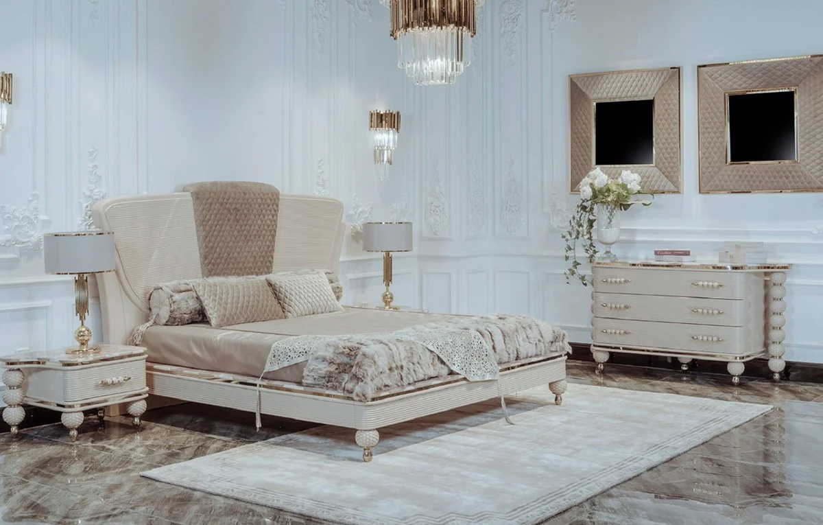 Luxus Art Deco Nachttisch Set Grau / Weiß / Gold 75 x 50 x H. 48 cm - Prunkvolle Massivholz Nachtkommoden - Art Deco Schlafzimmer & Hotel Möbel - Luxus Kollektion