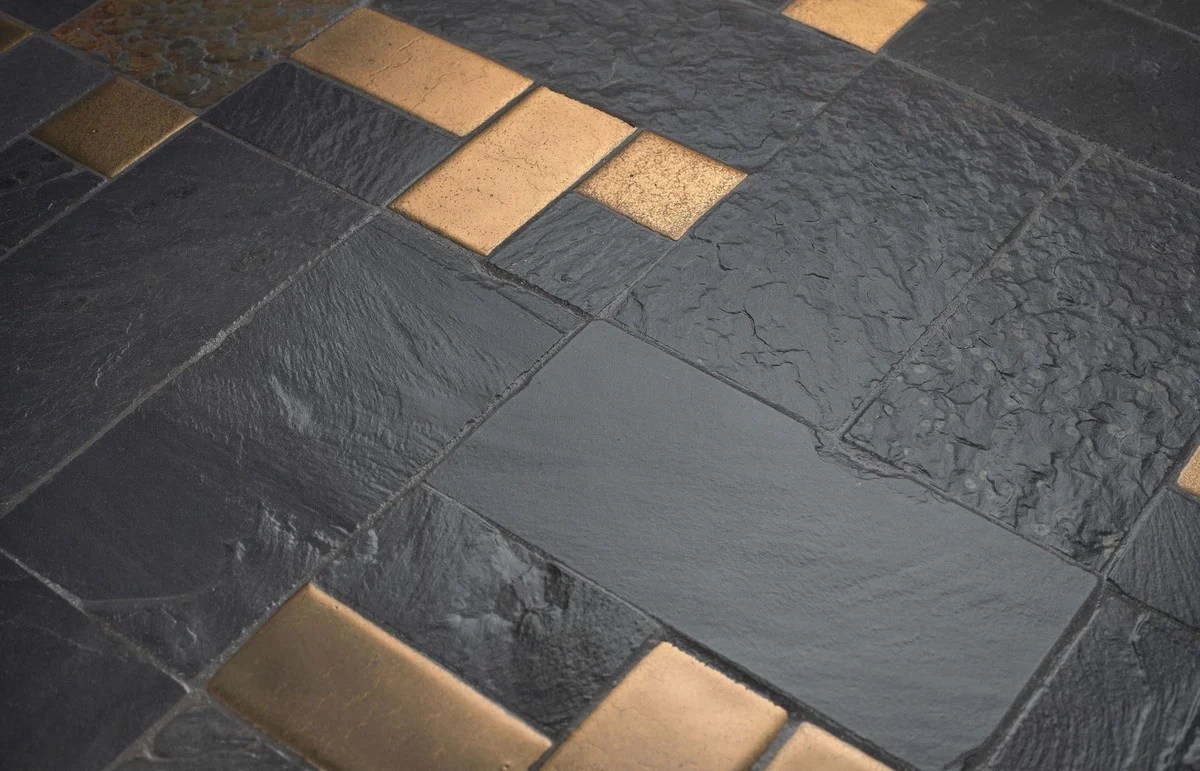 Luxus Esstisch Mehrfarbig / Schwarz Ø 120 x H. 76 cm - Runder Küchentisch mit Schieferplatten & Keramik Fliesen