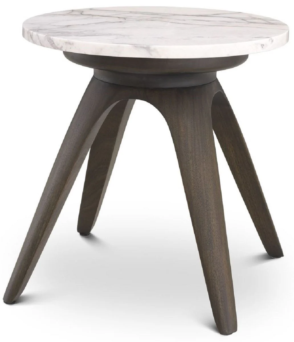 Luxus Beistelltisch Mokka / Weiß-Flieder Ø 40 x H. 41 cm - Runder Mahagoni Tisch mit Marmorplatte - Wohnzimmer Möbel - Luxus Möbel