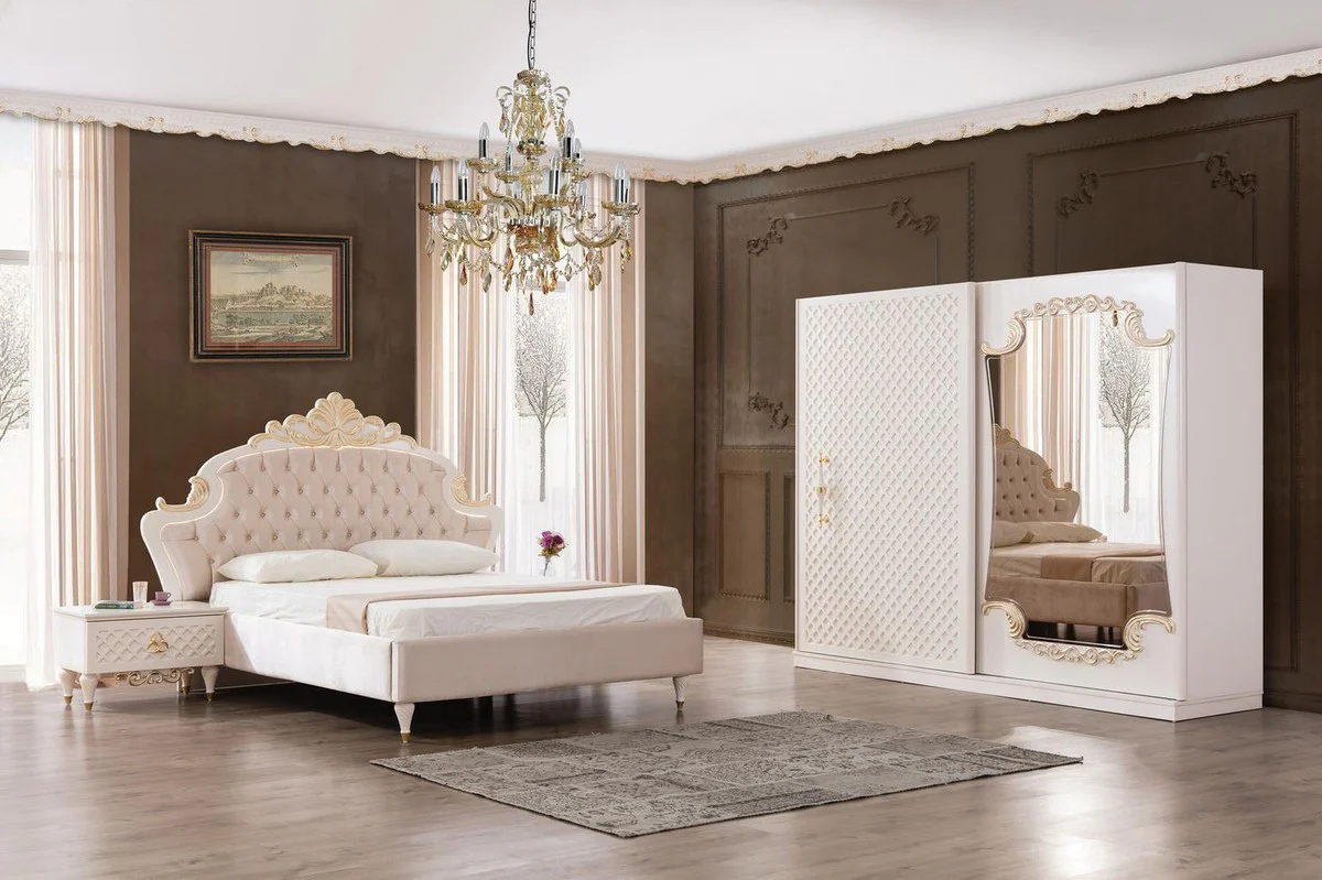 Luxus Barock Schlafzimmer Set Rosa / Weiß / Gold - 1 Doppelbett mit Kopfteil & 2 Nachttische - Barock Schlafzimmer Möbel - Edel & Prunkvoll